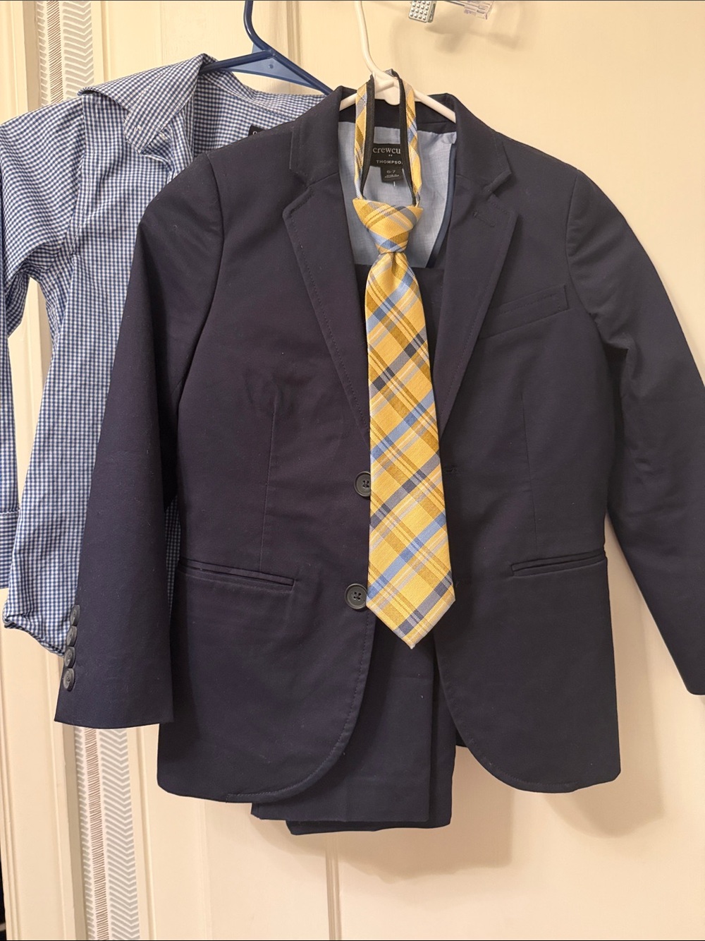 Jcrew Crewcuts Navy suit with checked button up shirt.